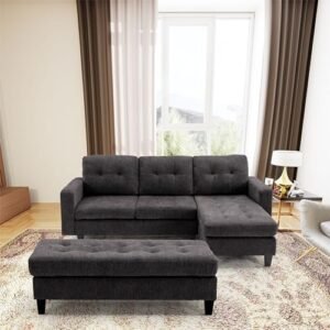 Modern Convertible, Chenille Fabric L-Shaped, 3-Seat Sofa Sectional Couch Set w/Chaise Lounge, Ottoman, Compact, Grey