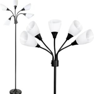 Modern Multi-Head Medusa Floor Lamp - 5 Light Standing Lamp for Bedroom and Living Room with Positionable Acrylic White Shades & 3-Light Mode Switch - Tall Black Floor Lamp for Living Room Decor