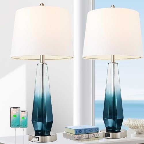 Modern Table Lamps Set of 2, 28" Teal Tall Lamp with USB C+A, Blue Glass Lamp Coastal Lamps with Linen Shade, Nightstand Bedside Lamps for Living Room End Table Buffet Lamps