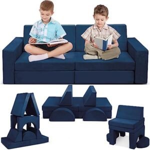 Modular Kids Play Couch, Child Sectional Sofa Imaginative Furniture Play Set for Creative Kids,Toddler to Teen Bedroom Furniture,Girls and Boys Playroom Convertible Sofa, Blue