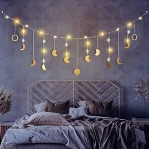 Moon Phase Wall Decor with LED String Light, 13 Gold Wood Boho Wall Hanging Decor Mood Garland 56'' - Celestial Phases Moon Decor in Bohemian Style for Bedroom Home Living Room Easter Gift