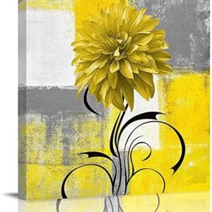 Mordern Abstract Wall Art - Canvas Wall Art Yellow Flower Framed Artwork, Watercolor Dahila Pictures Prints Wall Decor for Bathroom Kitchen, Bedroom Living Room, 14" x 14"