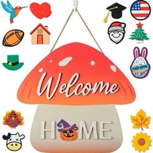 Mushroom Interchangeable Welcome Sign for Front Door, Wall Hanging Sign for Porch Decor, Decorative sign for Mushroom Decor, Cottagecore Decor, Halloween Christmas Holiday Gift