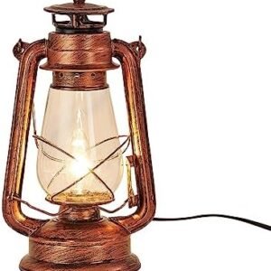 NOXARTE Rustic Lantern Table Lamp Plug-in Old Fashioned Night Light Perfect for Bedroom Living Room H15 Inch x W7 Inch