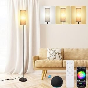 Neoglint Smart RGB Floor Lamp for Living Room Compatible with Alexa & Google Home, 68" Morden Color Changing Corner Standing Lamp, Pole Lamp with Linen Lampshade for Office, Hotel(Bulb Included)