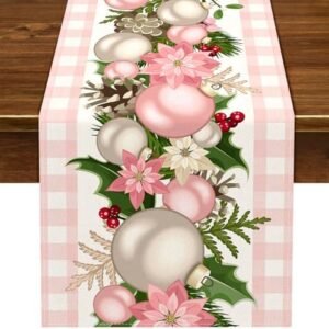 Nepnuser Pink Christmas Table Runner Pink and White Buffalo Check Plaid Xmas Decoration Seasonal Winter Holiday Home Kitchen Island Dining Room Decor