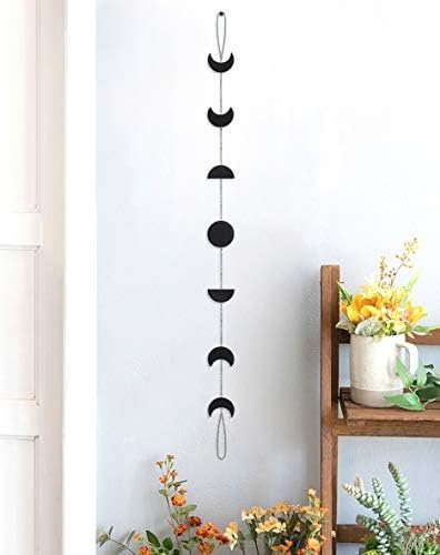 OCIOLI Moon Phase Wall Hanging Moon Phases Wall Art Moon Garland with Metal Chains for Wall Decor Bedroom Office Nursery Window Decorative Hanging Ornaments（Black）