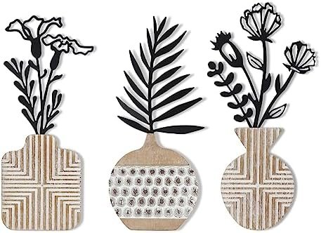 Oakrain 3 Pieces Metal Vase Flowers Wall Arts Minimalist Black Metal Flower Wall Decor for Living Room, Kitchen, Bedroom, Farmhouse Wall Sculptures Hanging(14x6.3 inches)