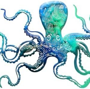 Octopus Metal Wall Art Decor 18 x 11 Inch Extra Large Octopus Wall Hanging Sculpture Nautical Beach Ocean Theme Home Wall Decor(Ocean Blue)