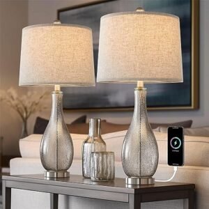 Oneach USB Table Lamps Set of 2 for Living Room 24.5" Modern Nightstand Lamp with Fabric Shade Glass Bedside Lamp for Bedroom Kid's Room Girls Room Office Glass Silver