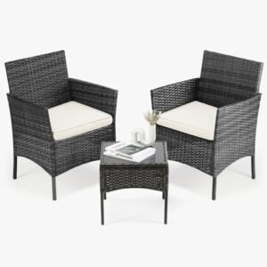 Patio Furniture Set 3 Pieces, Outdoor Rattan Chair Conversation Sets with Glass Table, Wicker Rattan Chairs Set with Soft Cushion for Garden Yard Backyard Lawn Porch Poolside Balcony, Black