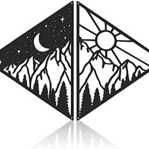 Peryiter 2 Pcs Metal Wall Art Decor Metal Sun Moon Wall Decor Modern Wall Decor Mountain Forest Wall Art Triangle Home Hanging Decorations for Bathroom Living Room Kitchen Indoor Outdoor (Black)