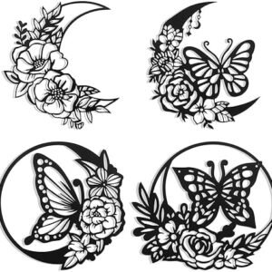 Photect 4 Pcs Butterfly Metal Wall Decor Butterfly Wall Decoration Moon Phases Flower Leaf Wall Art Floral Boho Modern Wall Hanging for Farmhouse Home Indoor Outdoor Bathroom(Black Butterfly)