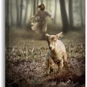 Pinetree Art Christian Wall Decor Jesus and Lamb Canvas Wall Art Religious Inspirational Scripture Jesus Running After Lost Lamb Canvas Print Artwork for Home Decor