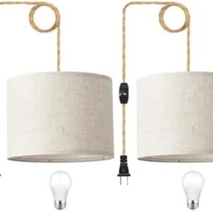 Plug in Pendant Light, Hanging Light with Plug in Cord with Dimmable Switch, Hanging Lamp with 15ft Hemp Rope, Beige Linen Shade, Hanging Light Fixture for Bedroom, Living Room 2 Pack