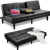 PrimeZone 69" W x 38" D x 29.5" H Futon Convertible Sofa Bed with USB & 2 Cupholders - Faux Leather Modern Memory Foam Sleeper Couch, Folding Loveseat for Apartment, Dorm, Office, Black