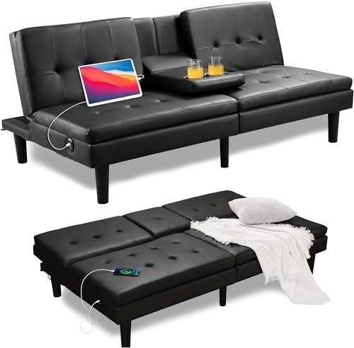 PrimeZone 69" W x 38" D x 29.5" H Futon Convertible Sofa Bed with USB & 2 Cupholders - Faux Leather Modern Memory Foam Sleeper Couch, Folding Loveseat for Apartment, Dorm, Office, Black