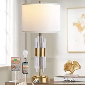 QiMH Gold Table Lamp for Living Room with USB Ports, Bedside Lamps for Bedrooms with Touch Control USB Ports, Modern Nightstand Lamp White Drum Lamp Shade Home Light Decor (2700K LED Bulb Included)