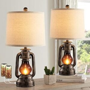 RORIANO Farmhouse Lantern Table Lamps for Living Room Set of 2, Vintage Bedroom Resin Lamp with Dual USB Charging Ports, Rustic Retro Bedside Nightstand Desk Lamp, Linen Fabric Shade, 4 Bulb Included