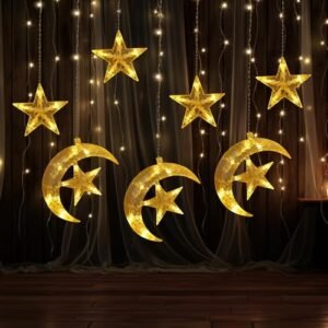 Ramadan Decorations, 138 LED Star Moon Curtain Ramadan Lights for Home, 12 Stars Fairy Star String Lights for Home Indoor Outdoor Ramadan Decor