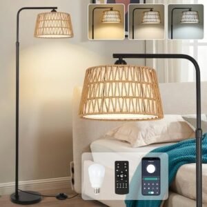 Rattan Floor Lamps for Living Room, Farmhouse Boho Floor Lamp, Black Arc Floor Lamp with Remote & LED Bulb, Dimmable Standing Lamp with 3 Color Temperatures, Height Adjustable Tall Lamp for Bedroom