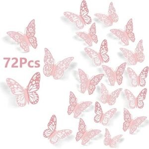 SAOROPEB 3D Butterfly Wall Decor, 72Pcs 3 Sizes 3 Styles, Removable Stickers Wall Decor Room Mural for Party Cake Decoration Metallic Fridge Sticker Kids Bedroom Nursery Classroom Wedding Decor DIY