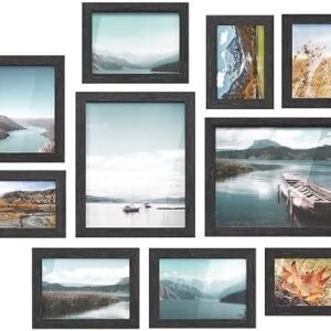 SONGMICS Picture Frames, 10 Pack Collage Picture Frames with Two 8x10, Four 5x7, Four 4x6, Photo Frame Set for Wall Gallery Decor, Hanging or Tabletop Display, Clear Glass Front, Ink Black