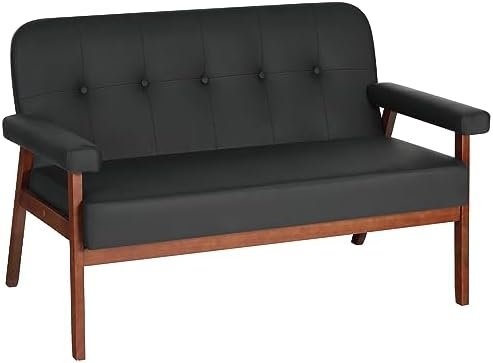 STHOUYN 50”W Black Faux Leather Small Office Couch Loveseat Sofa with Wood Arms, Mid Century Modern Love Seat Sofas Lounge Armchair Living Room Bedroom (Black (loveseat))