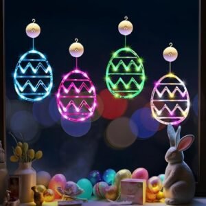 SVNVIOZ Easter Window Lights for Decorations,4 Pack Easter Eggs Shaped Blue Pink Green Multicolor Hanging String Indoor Lights with Suction Cup,Battery Operated for Home Farmhouse Decor