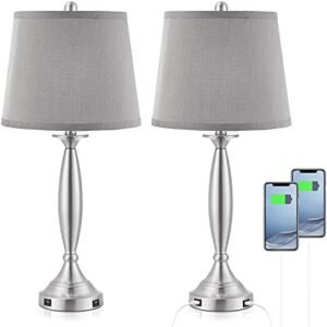 Seealle Modern USB Table Lamp Set of 2 27.9" Table Lamps for Living Room Table Top with USB Ports Matte Nickel Body Bedside Lamp Set of 2 with Grey Drum Lampshade for Bedrooms Table End Table