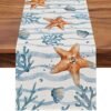 Seliem Summer Sea Starfish Conch Coral Table Runner, Coastal Ocean Wave Stripes Kitchen Dining Table Decor, Nautical Spring Seasonal Beach Home Decoration Indoor Outdoor Party Supply 13 x 90 Inches