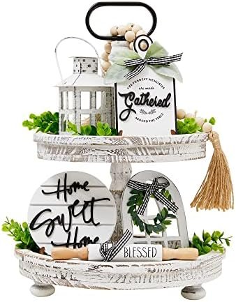 Set of 16 Farmhouse Tiered Tray Decor with 1 Lantern Artificial Plant& Cutting Board Sign for Rustic Home Sweet Home Kitchen Decor Tier Tray Decor Set