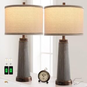 Set of 2 Farmhouse Table Lamps for Living Room, 3 Way Dimmable Touch Table Lamp with Dual USB Ports, Rustic Vintage Nightstand Lamp for Bedroom Bedside End Table Entryway, 2 bulbs Included (Bronze)