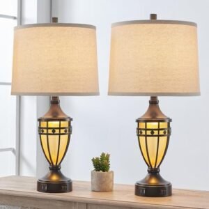 Set of 2 Farmhouse Table Lamps for Living Room with 2 USB Charging Ports, Vintage Rustic Amber Glass Night Light Nightstand Lamps for Bedroom Entryway, Bulbs Included