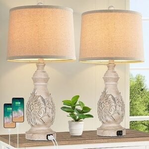 Set of 2 Table Lamps with 2 USB Charging Ports, 26” Tall Farmhouse Beside Lamp with Rotary Switch, Resin Rustic Nightstand Lamps, Carved Floral Desk Lamp for Bedroom Living Room Home Office