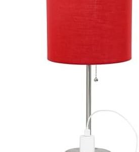 Simple Designs LT2024-RED-2PK Two Pack Brushed Steel Stick Table Desk Lamp Set with Charging Outlet and Drum Fabric Shade for Living Room, Hallway, Nightstand, Office, Red Shade