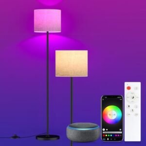 Smart RGB Floor Lamp for Living Room,Works with Alexa & Google Home Color Changing Dimmable LED Standing Lamp with Linen Lampshade,App and Remote Modern Tall WiFi Standing Light for Bedroom