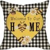 Softxpp Spring Summer Bumble Bee Home Decorative Throw Pillow Cover, Black White Buffalo Plaid Check Heart Cushion Case, Seasonal Farmhouse Yellow Daisy Decoration Outside Pillowcase Sofa Decor 18x18