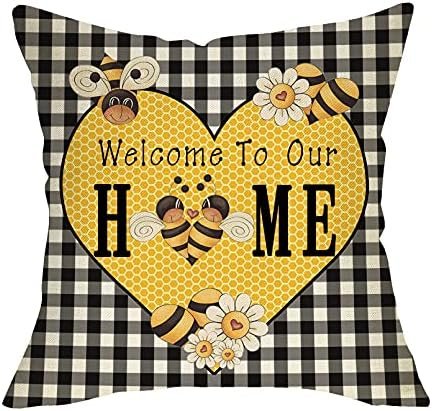 Softxpp Spring Summer Bumble Bee Home Decorative Throw Pillow Cover, Black White Buffalo Plaid Check Heart Cushion Case, Seasonal Farmhouse Yellow Daisy Decoration Outside Pillowcase Sofa Decor 18x18