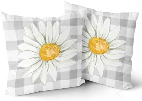 Spring Daisy Pillow Covers 18×18 Inch Set of 2 White Grey Buffalo Check Daisy Seasonal Farmhouse Decorative Indoor Throw Pillow Covers Cushion Cover for Home Decor Bedroom Living Room Couch Sofa Bed