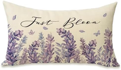 Spring Lavender Flower Lumbar Decorative Rectangle Pillow Cover 12 x 20, Summer Purple Floral Just Bloom Porch Patio Outdoor Pillowcase, Petal Butterfly Seasonal Cushion Case Home Decor