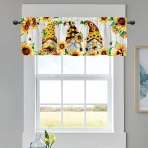 Spring Summer Bee Gnome Sunflower Curtains Valance for Windows, Seasonal Flower Polka Dot Plaid Short Half Topper Rod Pocket, Farmhouse Home Living Room Bedroom Door Decor 54