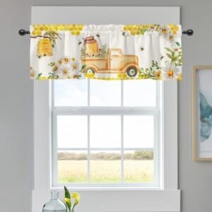 Spring Summer Bee Honey Truck Curtains Valance for Windows, Yellow Daisy Flower Honeycomb Bumblebee Short Half Topper Rod Pocket, Seasonal Home Living Room Bedroom Decor 54" x 18"