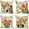 Spring Summer Gnome Decorative Throw Pillow Covers 16 x 16 Set of 4, Tulip Flower Mason Jar Gather Bloom Cushion Case Decor, Floral Pot Butterfly Seasonal Home Decoration for Sofa Couch