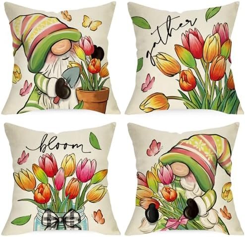 Spring Summer Gnome Decorative Throw Pillow Covers 16 x 16 Set of 4, Tulip Flower Mason Jar Gather Bloom Cushion Case Decor, Floral Pot Butterfly Seasonal Home Decoration for Sofa Couch