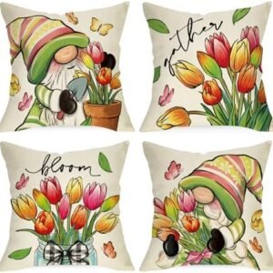 Spring Summer Gnome Decorative Throw Pillow Covers 20 x 20 Set of 4, Tulip Flower Mason Jar Gather Bloom Cushion Case Decor, Floral Pot Butterfly Seasonal Home Decoration for Sofa Couch