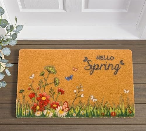 Spring Welcome Door Mat Coir Doormat - Non-Slip Backing Floral Spring Door Mat Seasonal Door Mat for Home Entrance Decor 17" x 29"