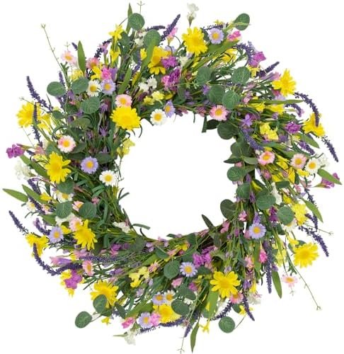 Spring Wreath 22" Spring Wreaths for Front Door Artificial Summer Wreath with Eucalyptus Leaf Lavender Daisy for Indoor Outdoor Home Decor Festival Celebrations