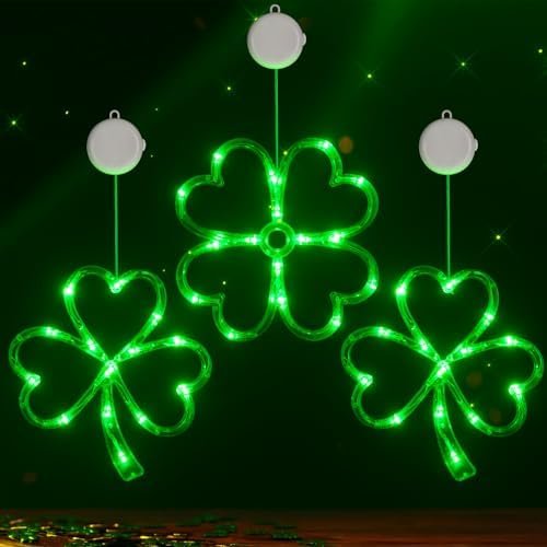 St Patricks Day Decorations, 3 Pack Shamrock Window Decoration Lights, LED St Patricks Day Lights with Timer for Home Party Windows Decor