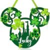 St. Patrick's Day Door Sign Mouse Shaped, Shamrock Wooden Hanging Sign Lucky Irish Welcome Wood Wreath Hanging Sign with Rope for Happy St. Patrick's Day Party Front Door Wall Home Decorations Green